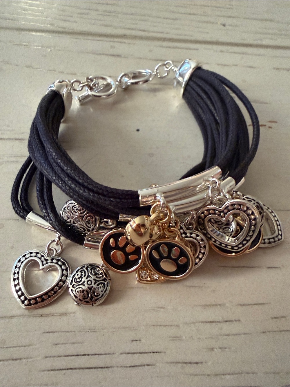 Layered Black Cord Charm Bracelet with Heart & Paw Pendants